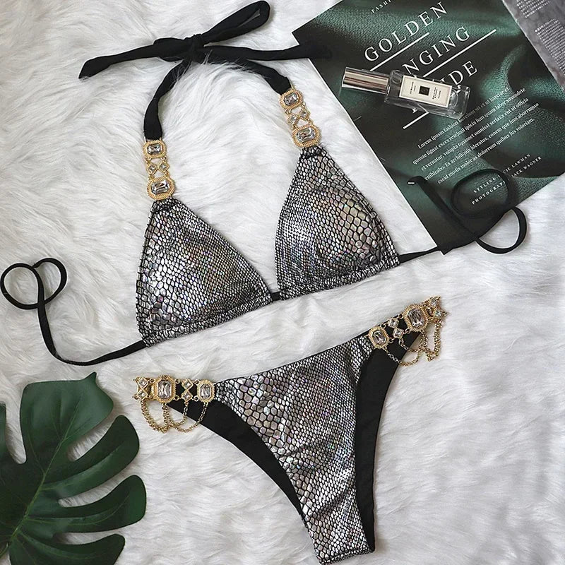 Halter Metal Chains Rhinestone Diamond Bikini Women Swimsuit Female Swimwear Two Pieces Bikini Set Brazilian Bathing Suit Swim