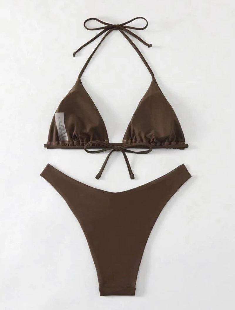 Women Thong Bikini Sexy Solid White/Black/Coffee Halter Swimsuit Lace up Brazilian Bathing Suit 2025 New Double Fabric Beachwear