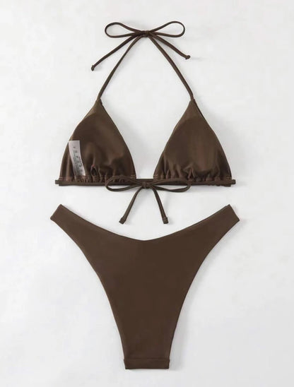 Women Thong Bikini Sexy Solid White/Black/Coffee Halter Swimsuit Lace up Brazilian Bathing Suit 2025 New Double Fabric Beachwear
