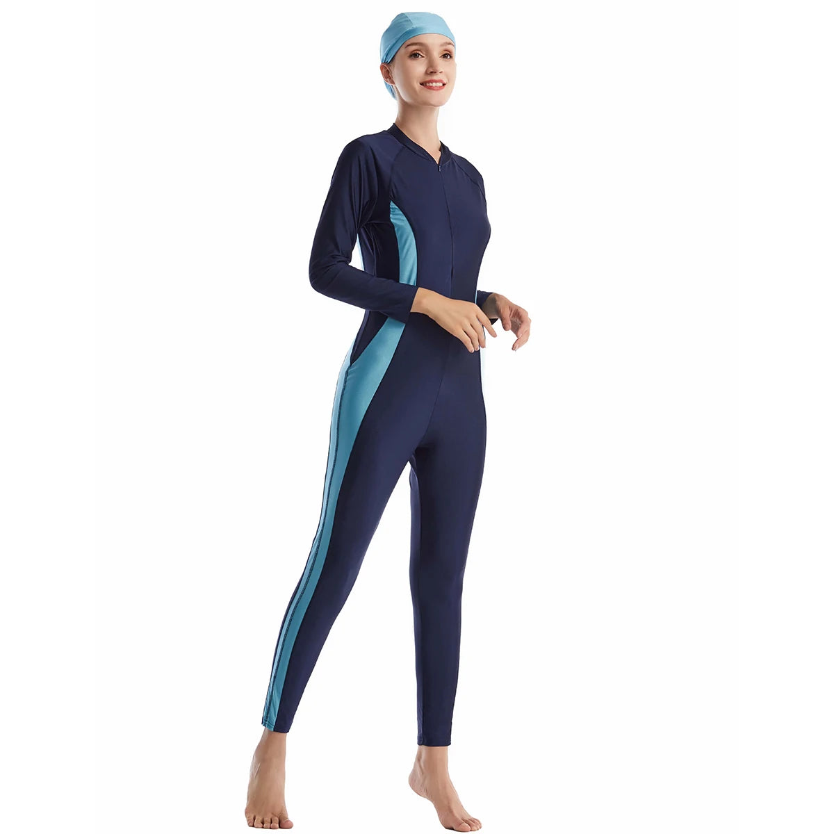 H1017 Muslim Women Full Coverage One-Piece Swimsuit and Cap 2 PCS Swimming Clothes Arab Color Block Zipper Cover up Swimwear