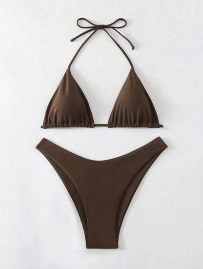 Women Thong Bikini Sexy Solid White/Black/Coffee Halter Swimsuit Lace up Brazilian Bathing Suit 2025 New Double Fabric Beachwear