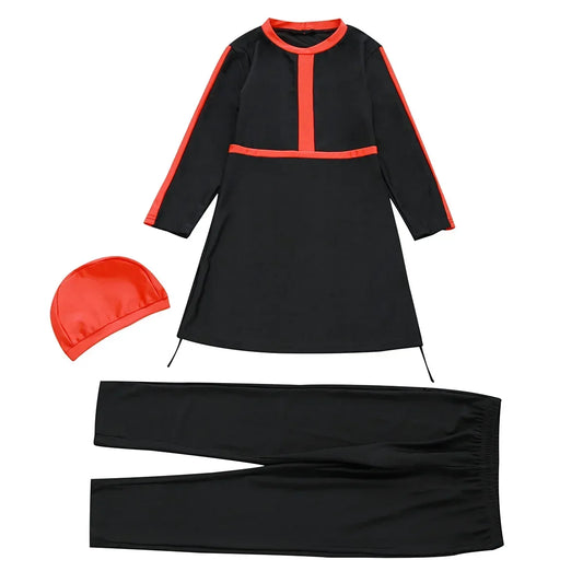 Muslim Kids Girls 3PCS Set Burkini Modest Islamic Hijab Tops Pants Swimsuit Arabic Swimwear Bathing Suit Conservative Swimming