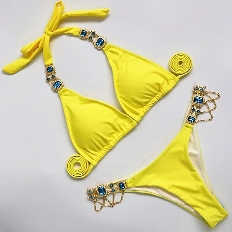 Halter Metal Chains Rhinestone Diamond Bikini Women Swimsuit Female Swimwear Two Pieces Bikini Set Brazilian Bathing Suit Swim