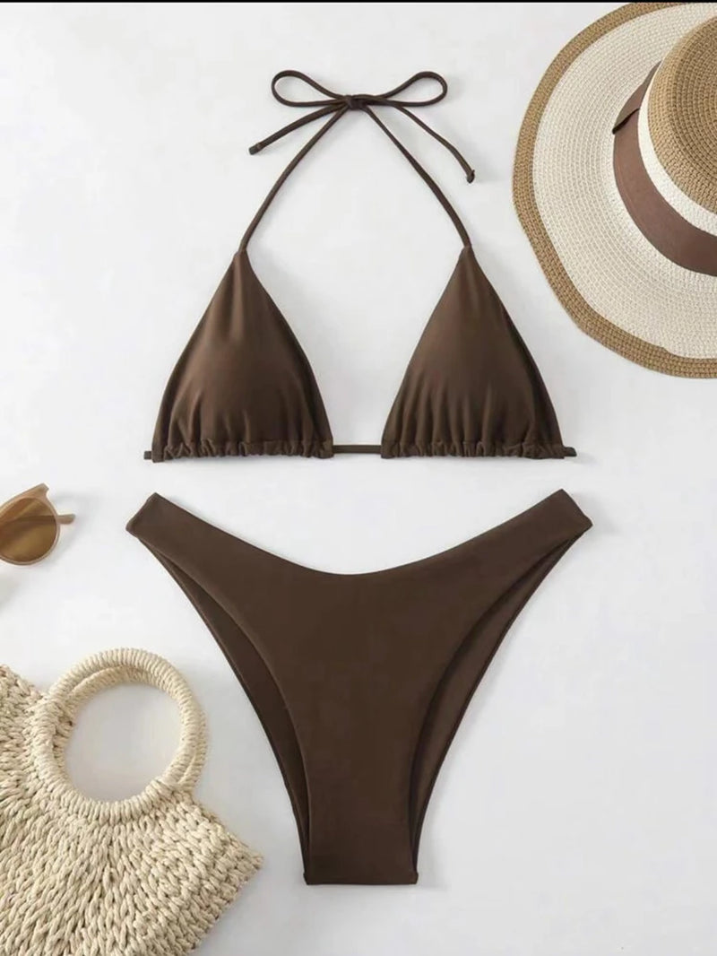 Women Thong Bikini Sexy Solid White/Black/Coffee Halter Swimsuit Lace up Brazilian Bathing Suit 2025 New Double Fabric Beachwear