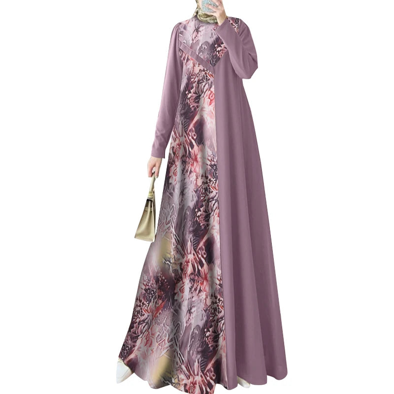 Women Muslim Fashion Floral Printed Patchwork Long Dresses Elegant Islamic Hijab O Neck Abaya Robes Long Sleeve Vestidos