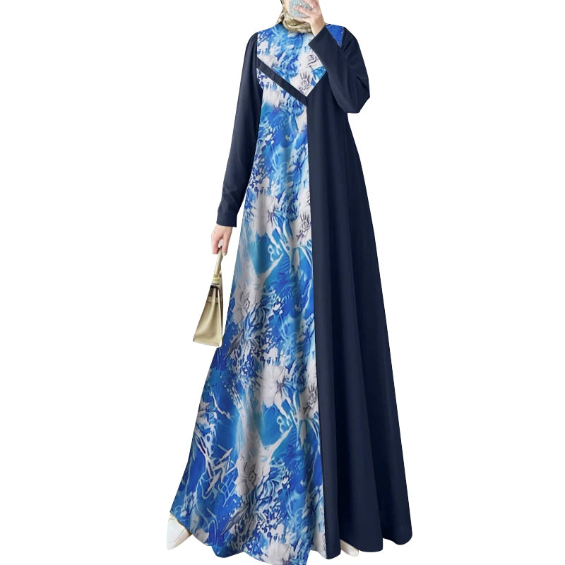 Women Muslim Fashion Floral Printed Patchwork Long Dresses Elegant Islamic Hijab O Neck Abaya Robes Long Sleeve Vestidos