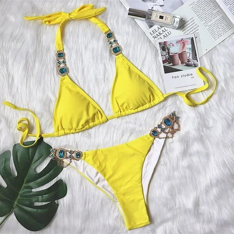Halter Metal Chains Rhinestone Diamond Bikini Women Swimsuit Female Swimwear Two Pieces Bikini Set Brazilian Bathing Suit Swim