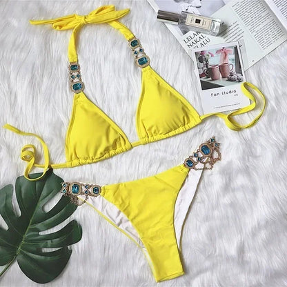 Halter Metal Chains Rhinestone Diamond Bikini Women Swimsuit Female Swimwear Two Pieces Bikini Set Brazilian Bathing Suit Swim