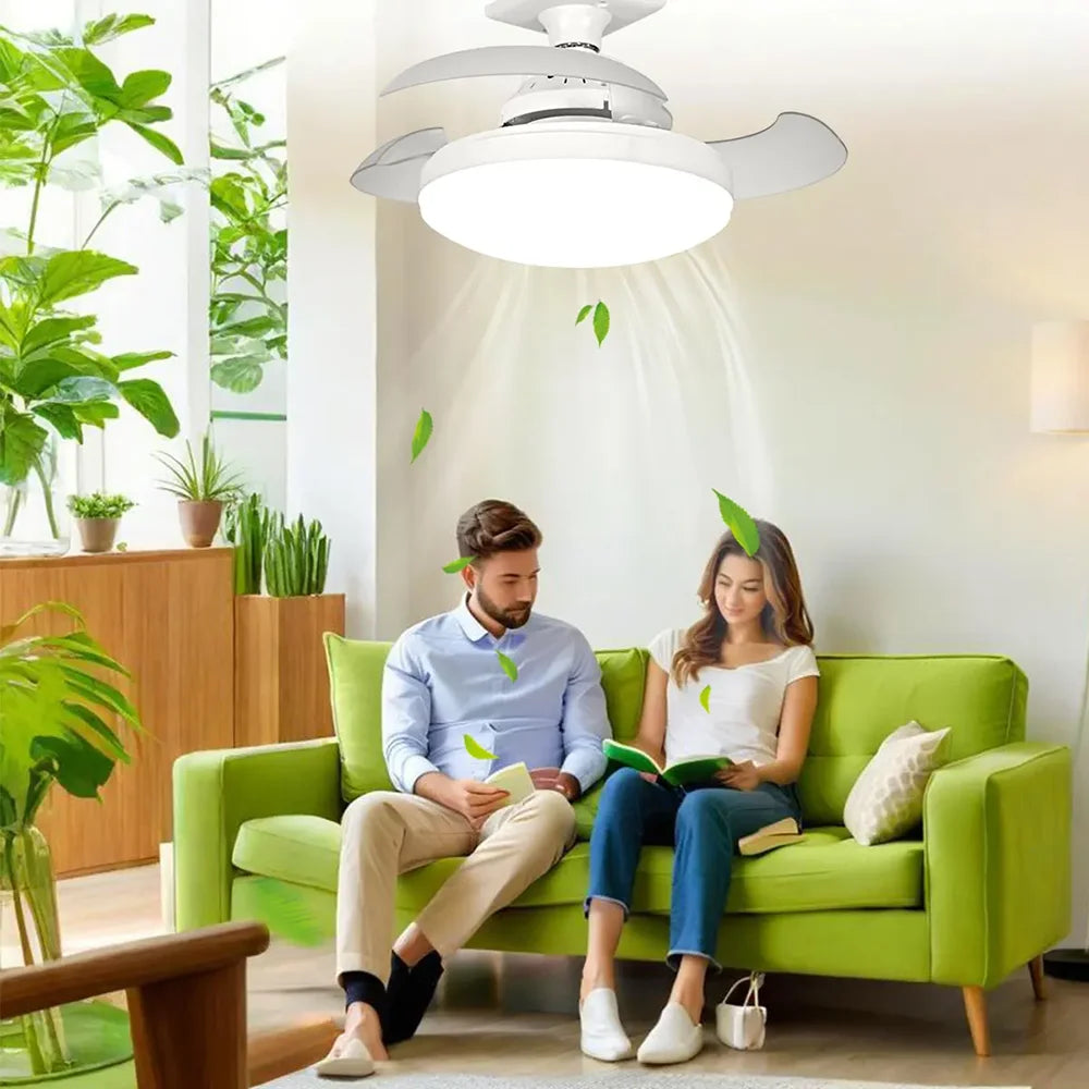 52CM Ceiling Fan Light Suitable for E27 Base Silent Retractable Blade with Remote Control Room Lighting Small Electric Fan