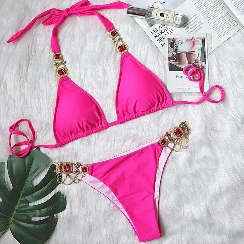 Halter Metal Chains Rhinestone Diamond Bikini Women Swimsuit Female Swimwear Two Pieces Bikini Set Brazilian Bathing Suit Swim