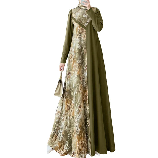 Women Muslim Fashion Floral Printed Patchwork Long Dresses Elegant Islamic Hijab O Neck Abaya Robes Long Sleeve Vestidos