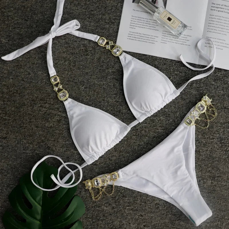 Halter Metal Chains Rhinestone Diamond Bikini Women Swimsuit Female Swimwear Two Pieces Bikini Set Brazilian Bathing Suit Swim