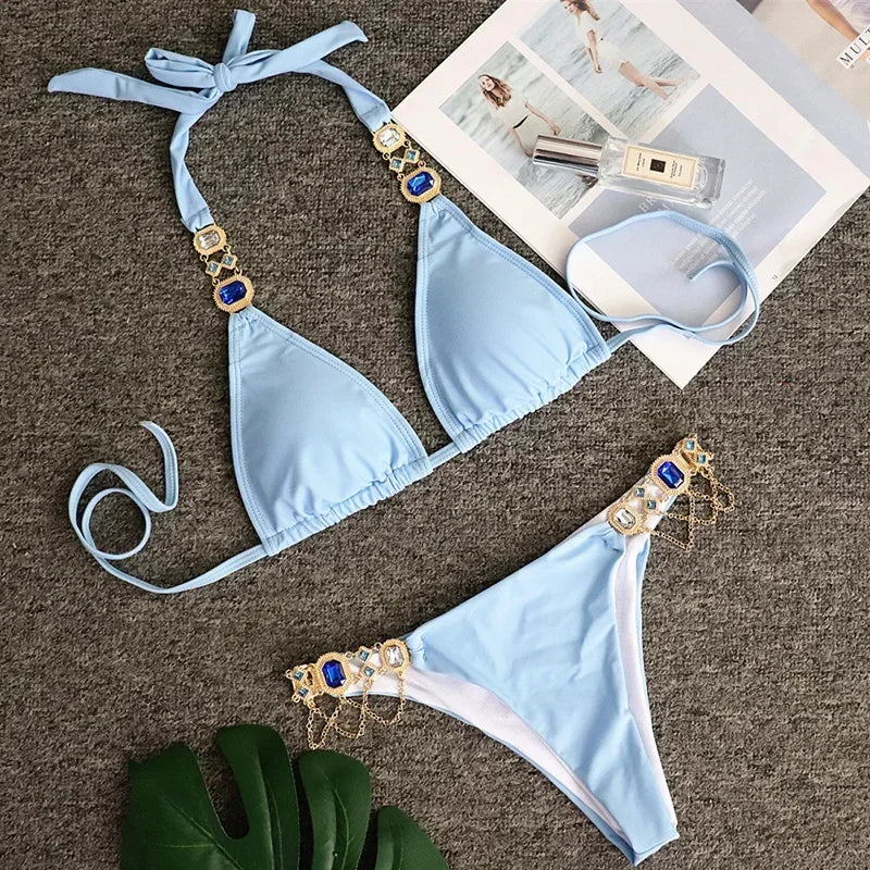 Halter Metal Chains Rhinestone Diamond Bikini Women Swimsuit Female Swimwear Two Pieces Bikini Set Brazilian Bathing Suit Swim