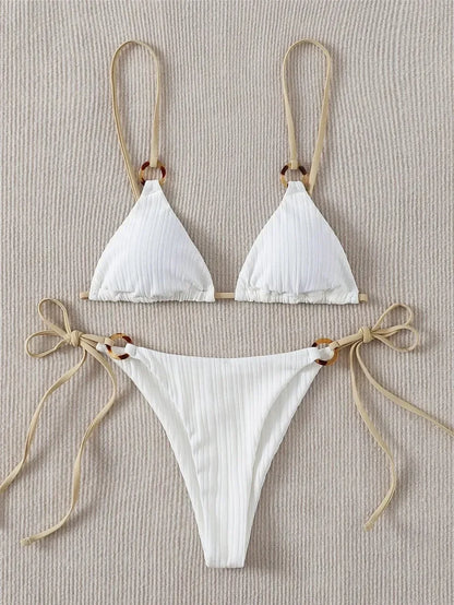 Light Blue Ribbed Swimwear String Bikinis Sets Woman 2026 Sexy Swimsuit Ring Bathing Suit Brazilian Micro Bikini Thong Donna