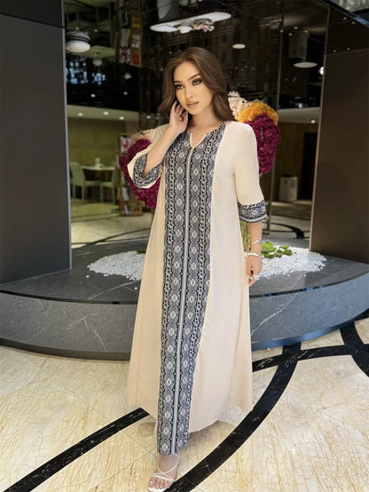 Muslim Maxi Dresses for Women Hijab Dress Elegant Woman Printed Ayabas Dresses Half Sleeve