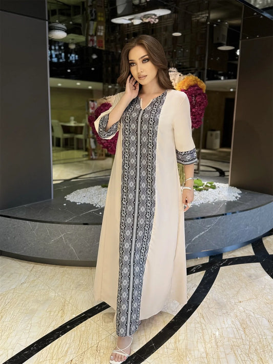 Muslim Maxi Dresses for Women Hijab Dress Elegant Woman Printed Ayabas Dresses Half Sleeve