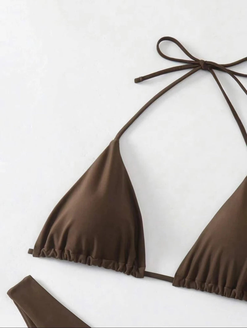 Women Thong Bikini Sexy Solid White/Black/Coffee Halter Swimsuit Lace up Brazilian Bathing Suit 2025 New Double Fabric Beachwear