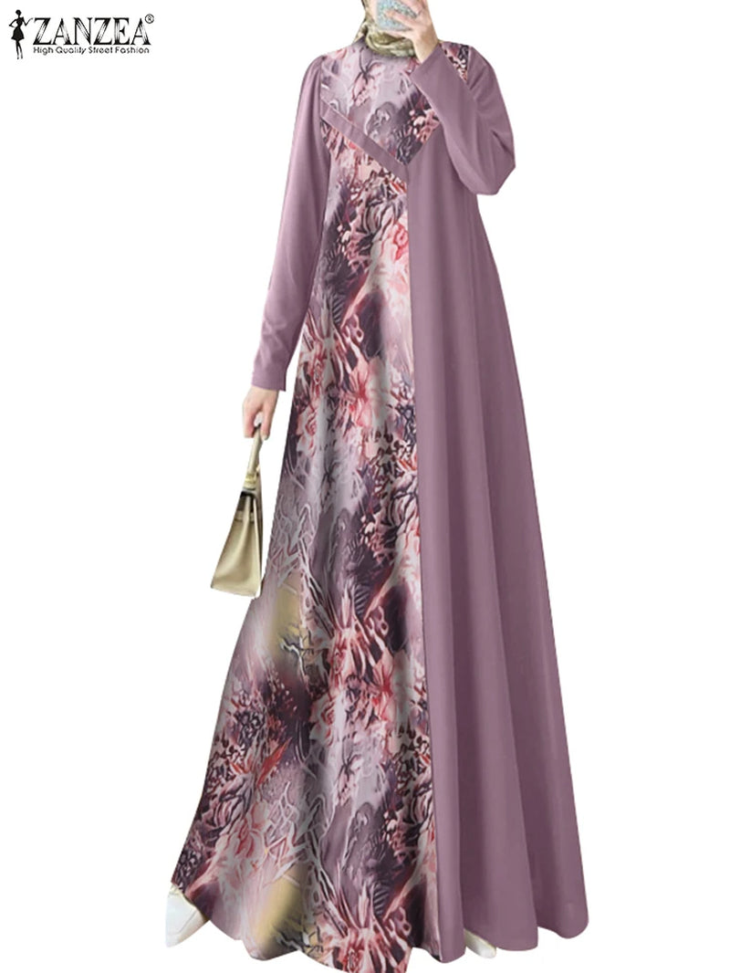 Women Muslim Fashion Floral Printed Patchwork Long Dresses Elegant Islamic Hijab O Neck Abaya Robes Long Sleeve Vestidos