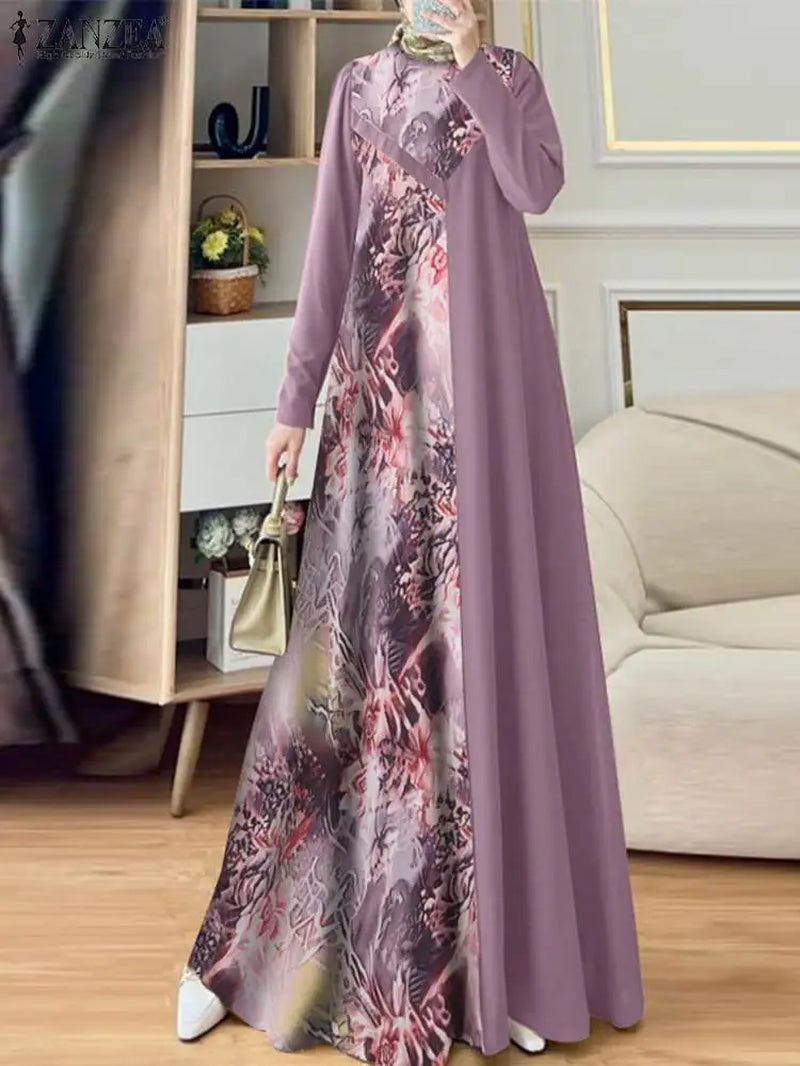 Women Muslim Fashion Floral Printed Patchwork Long Dresses Elegant Islamic Hijab O Neck Abaya Robes Long Sleeve Vestidos