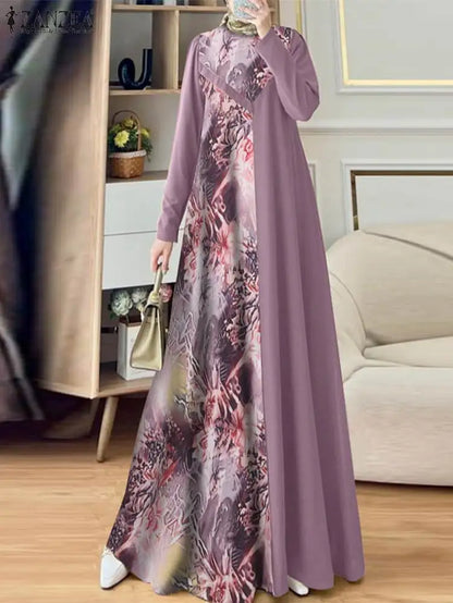 Women Muslim Fashion Floral Printed Patchwork Long Dresses Elegant Islamic Hijab O Neck Abaya Robes Long Sleeve Vestidos