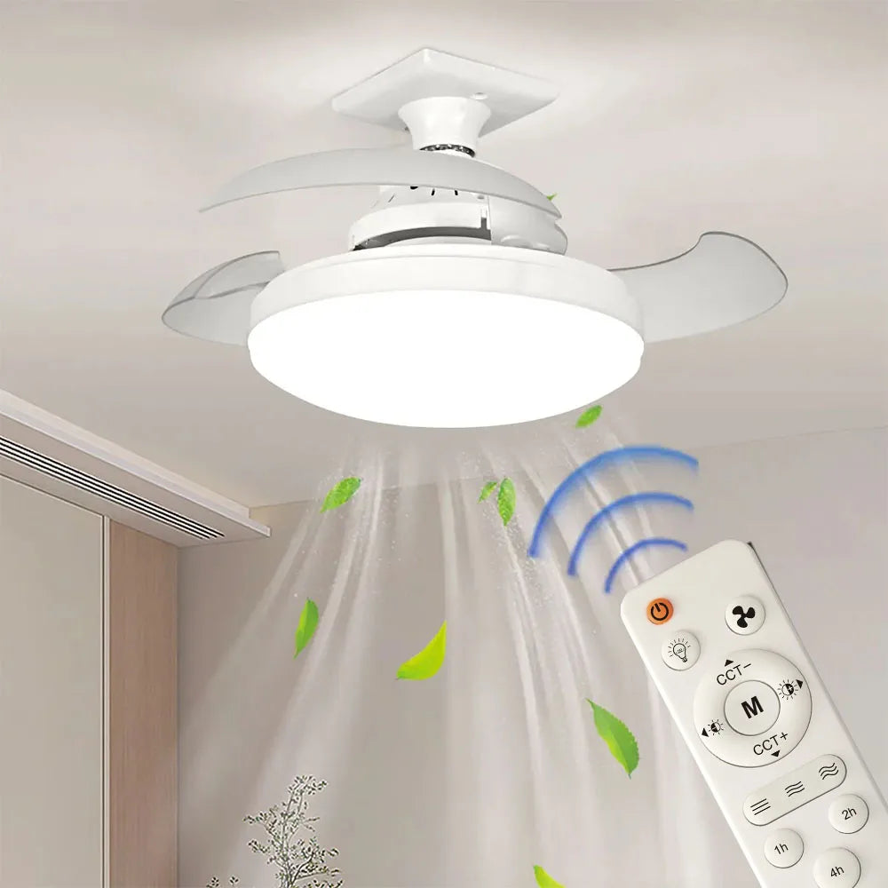 52CM Ceiling Fan Light Suitable for E27 Base Silent Retractable Blade with Remote Control Room Lighting Small Electric Fan