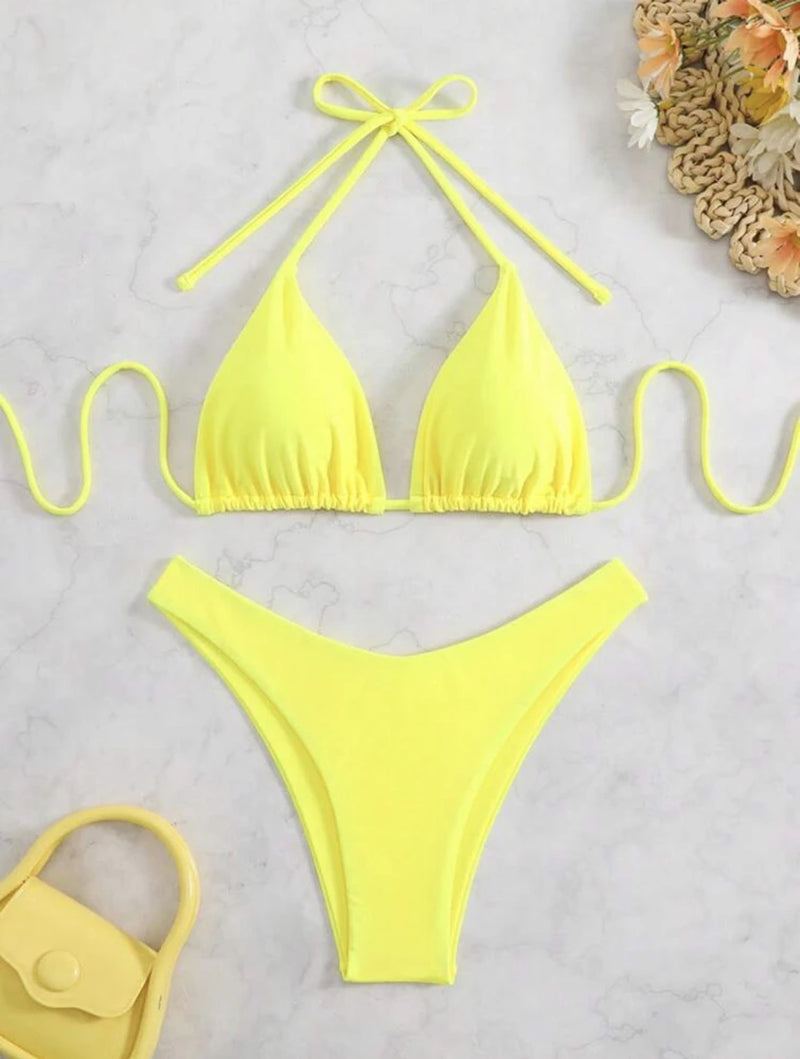 Women Thong Bikini Sexy Solid White/Black/Coffee Halter Swimsuit Lace up Brazilian Bathing Suit 2025 New Double Fabric Beachwear