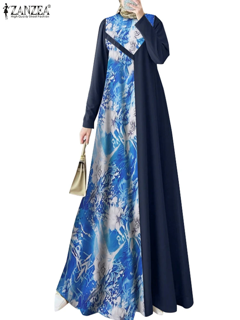 Women Muslim Fashion Floral Printed Patchwork Long Dresses Elegant Islamic Hijab O Neck Abaya Robes Long Sleeve Vestidos