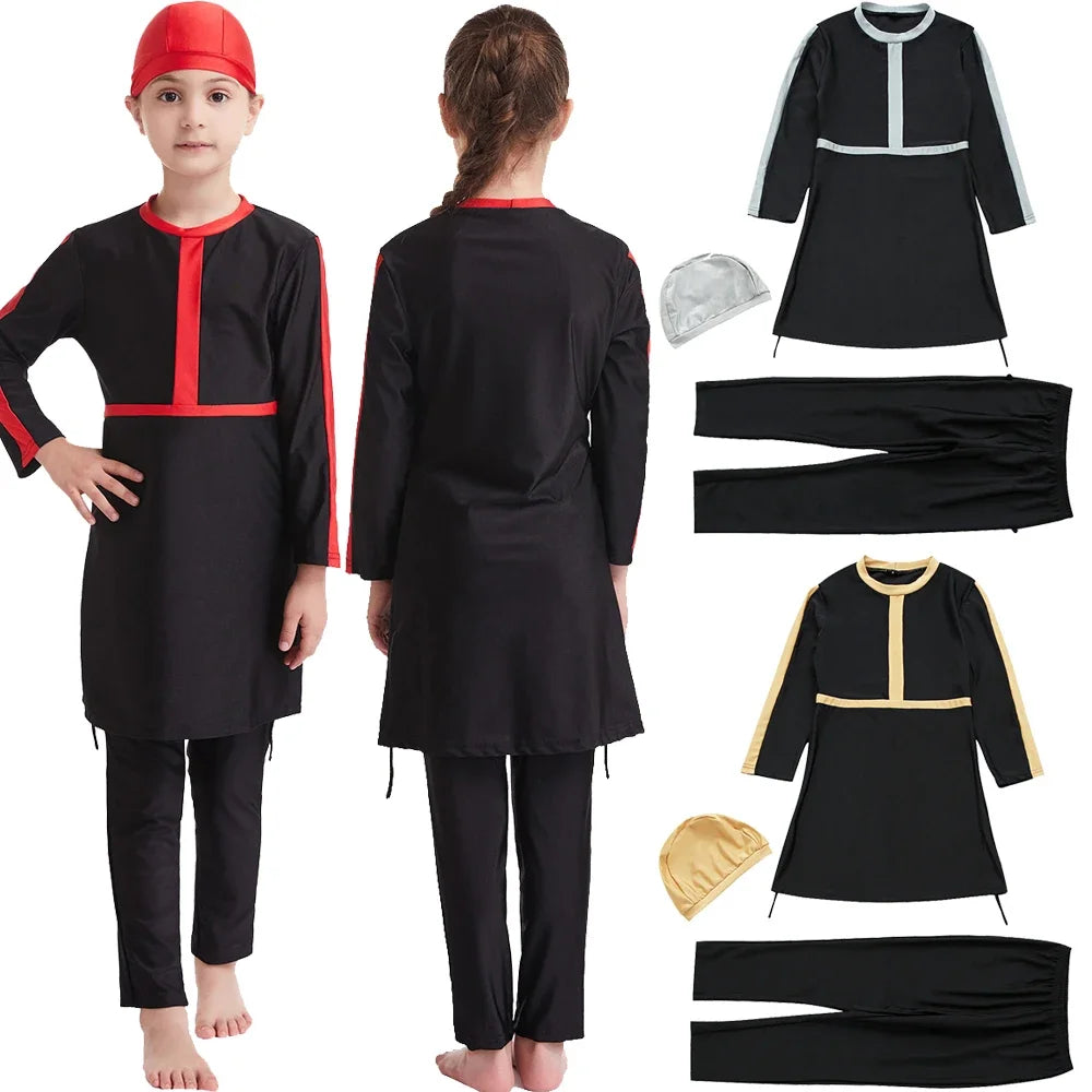 Muslim Kids Girls 3PCS Set Burkini Modest Islamic Hijab Tops Pants Swimsuit Arabic Swimwear Bathing Suit Conservative Swimming