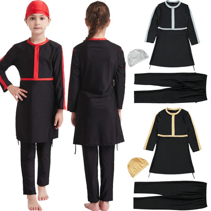 Muslim Kids Girls 3PCS Set Burkini Modest Islamic Hijab Tops Pants Swimsuit Arabic Swimwear Bathing Suit Conservative Swimming