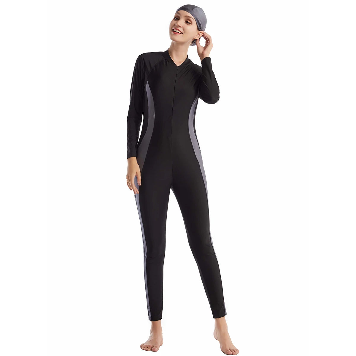 H1017 Muslim Women Full Coverage One-Piece Swimsuit and Cap 2 PCS Swimming Clothes Arab Color Block Zipper Cover up Swimwear