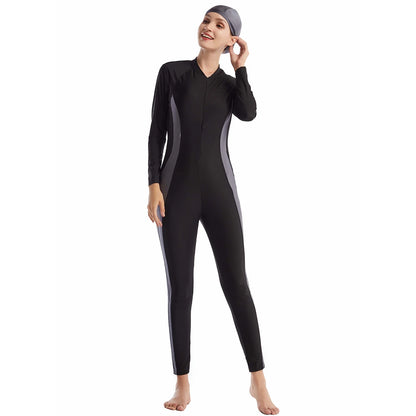 H1017 Muslim Women Full Coverage One-Piece Swimsuit and Cap 2 PCS Swimming Clothes Arab Color Block Zipper Cover up Swimwear