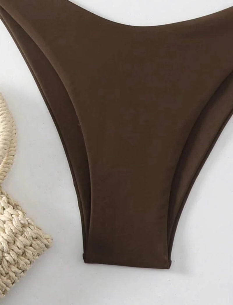 Women Thong Bikini Sexy Solid White/Black/Coffee Halter Swimsuit Lace up Brazilian Bathing Suit 2025 New Double Fabric Beachwear
