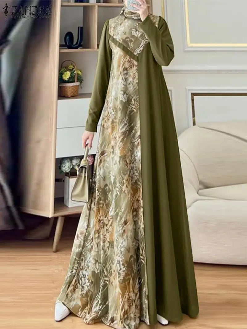 Women Muslim Fashion Floral Printed Patchwork Long Dresses Elegant Islamic Hijab O Neck Abaya Robes Long Sleeve Vestidos