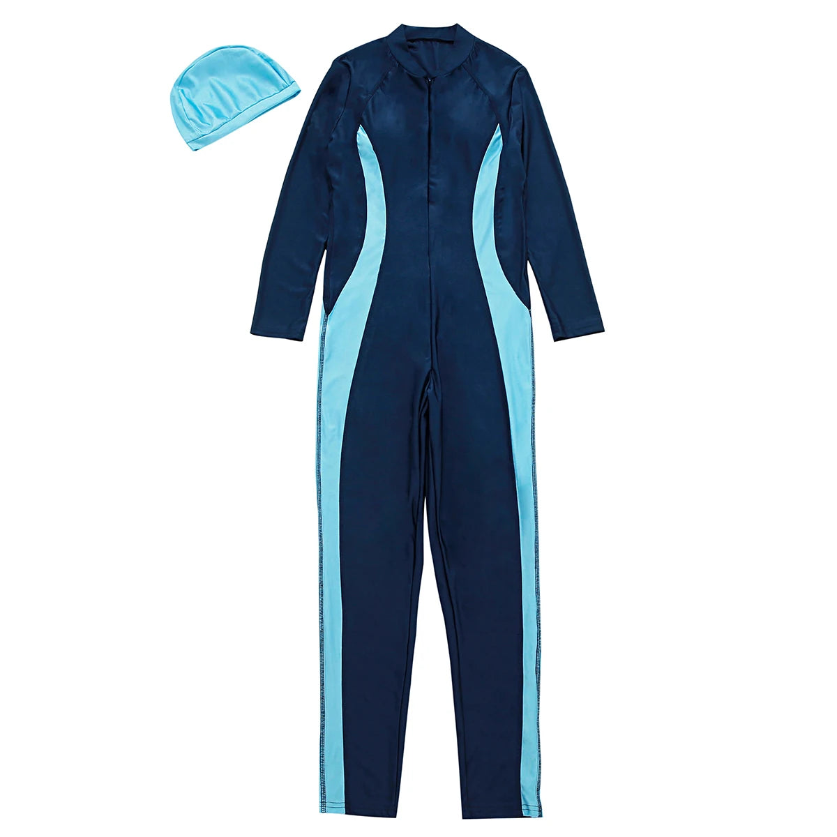 H1017 Muslim Women Full Coverage One-Piece Swimsuit and Cap 2 PCS Swimming Clothes Arab Color Block Zipper Cover up Swimwear