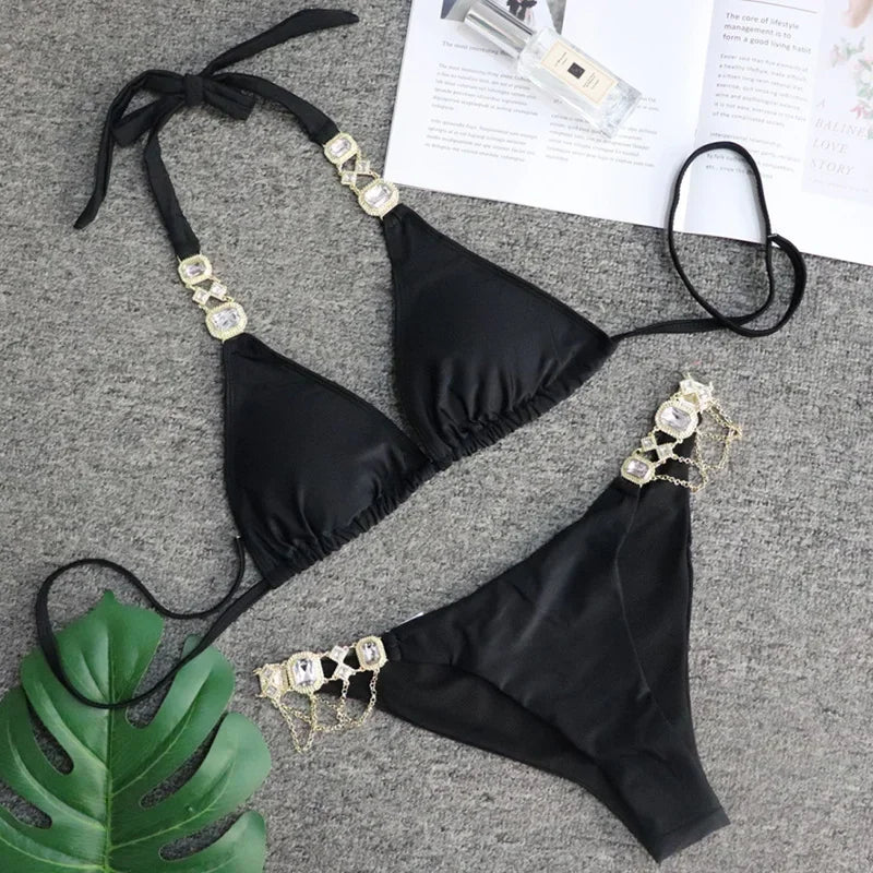 Halter Metal Chains Rhinestone Diamond Bikini Women Swimsuit Female Swimwear Two Pieces Bikini Set Brazilian Bathing Suit Swim