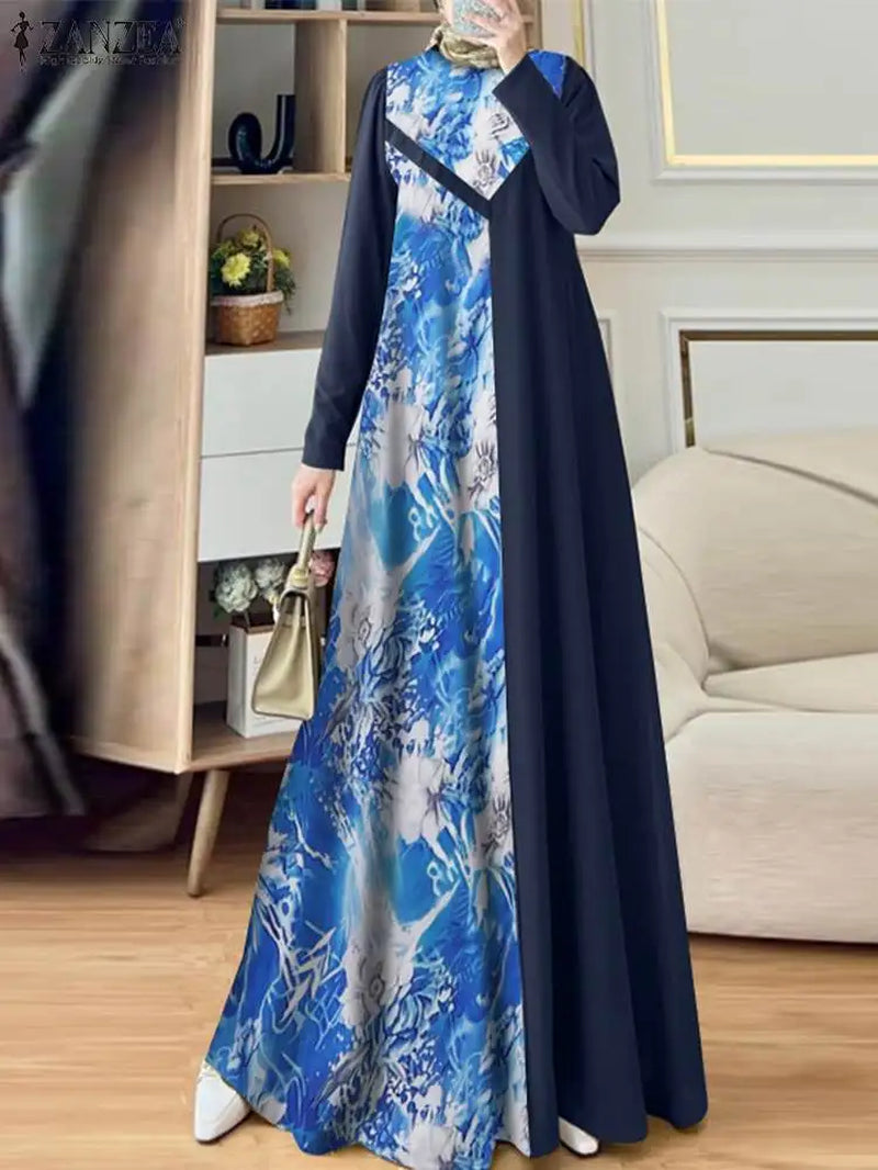 Women Muslim Fashion Floral Printed Patchwork Long Dresses Elegant Islamic Hijab O Neck Abaya Robes Long Sleeve Vestidos